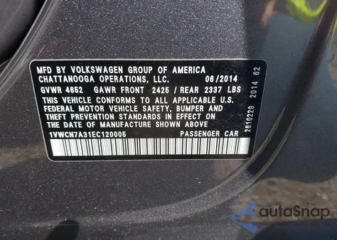 2014 Volkswagen Passat 2.0L Tdi Sel Premium из США, поврежденный, VIN 1VWCN7A31EC120005